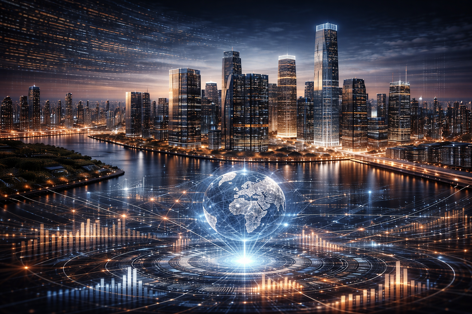 Global financial infrastructure skyline representing digital capital markets, institutional investment platforms, and real-world asset financing.